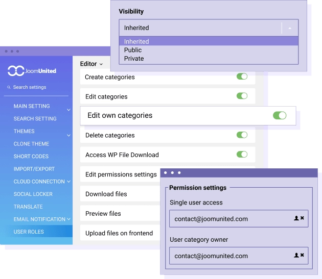 Limit download access, file visibility and file management When you manage files, you will always need to setup file access for users and it's always complex to do so. In WP File Download, we've included smart tools to manage file visibility and file management actions. Define who is allowed to download or update a file, delete a file, edit only his own files and more. Furthermore, it's possible to restrict the access to a file or a file category to some WordPress users only. MORE ABOUT FILE ACCESS