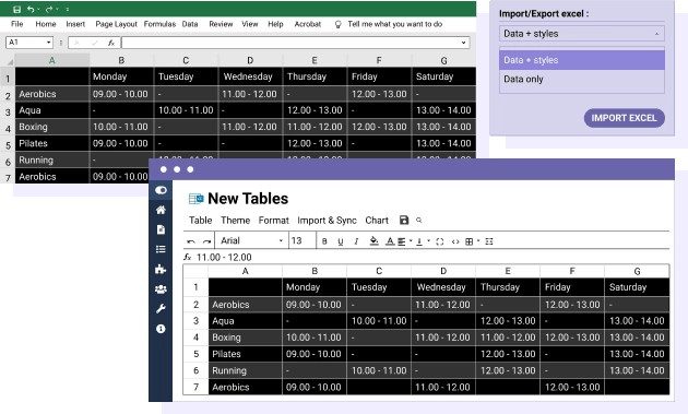 Excel spreadsheets Joomla synchronization An Excel Import & Export tool is available for each Joomla table. Save a lot of time, import your spreadsheet file, create your layout and publish it. What can I import/Export? You can import all data + some Excel styles or only the data and preserve your table style. The styles compatible for Import/Export are: cell background color, font color, font size, borders, links (HTML format). MORE ABOUT EXCEL TABLES