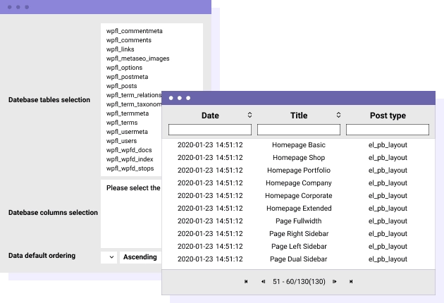 Create Joomla tables from database Droptables got a tool to generate tables from a selection of database data. Select some tables and columns from the database, apply some optional filters then manage the table from a spreadsheet interface. Your table is incremented automatically on database updates! Furthermore you got some sorting, filters, automatic design, pagination automatically applied. TABLE FROM DATABASE DEMO