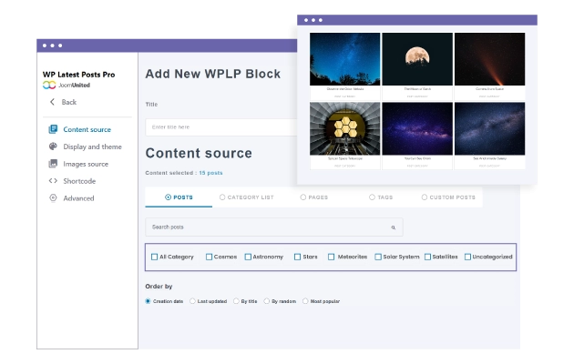 A flexible WordPress news plugin WP Latest Posts compiles your news in a very flexible way. You have the possibility to select as a source one or several post categories, pages, and custom post types in different display blocks. And each block can be placed where you want it in your content. Numerous content filters are available including: Filter by content type: posts, categories list, page, tag, custom post type Filter content published before/after a date Order news posts by date, title, random Display articles from the last number of years, months, days or hours Optionally select ACF fields & groups of fields