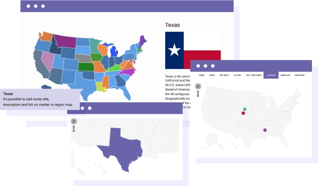 Add Content Over and Next To the Vector Map The vector maps are not just static images, it's a real HTML content you can control: Add tooltip on location with titles Add tooltip with HTML description Add custom links on regions and markers Add a sidebar with description of each region and marker Display information about the location in a modal box (AJAX popup)