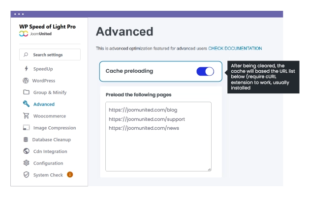 Cache preloading & DNS prefetching optimizations The cache preloading is the process of generating a first version of the page cache automatically, so the first user who comes to the page after a cache cleanup won't have to wait for the cache generation! It's included in the plugin PRO ADDON. On the other side the DNS prefetching will preload DNS information of external domain links. For example, if your website is referring frequently to an external domain in hyperlinks, pre-fetching the DNS of this domain will load the page of this domain faster when a user click on it.
