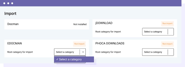 File importer for: Docman, jDownloads, Edocman, Phoca Download You can import files from Joomla extensions: Docman, jDownloads, Edocman and Phoca Download in no time. There's a dedicated import tool that will automatically import to files and more: Category of files Files and documents (Docman) Files titles File descriptions