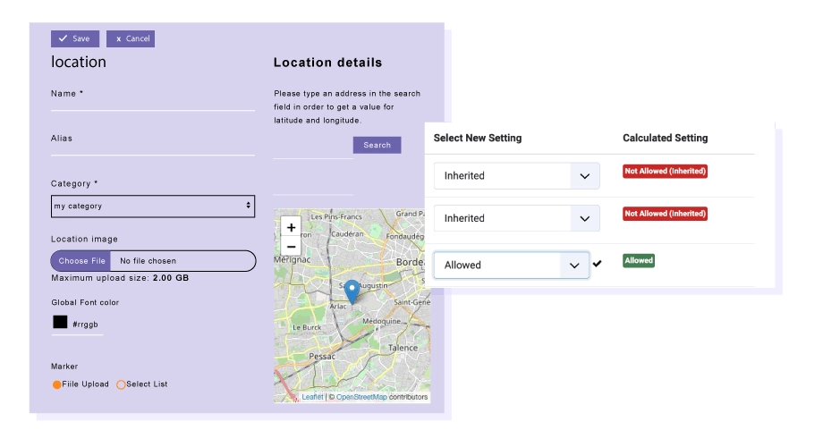 Frontend map location submission My Maps location allows you to submit locations from the frontend. The frontend Joomla submission needs to be activated then you'll be able to control access by user group. It uses Joomla ACL to control whether users are allowed to create, delete, edit its own locations.