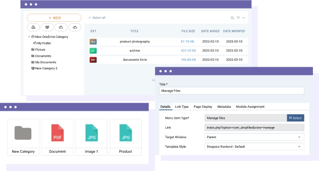 Frontend download manager for Joomla Upload and manage documents from the Joomla frontend! Dropfiles got dedicated features for the frontend file management. You can setup a dedicated menu to manage files from frontend that respects the user access and add a predefined upload form. Plus you got a frontend dedicated template for a comfortable file management.