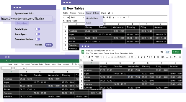 Google Sheets Import/Export and synchronization plugin Yes, you read it right. Select any Google Sheets from Google Drive and you can make an automatic synchronization of the table content. You can import all data + some Google Sheets styles or only the data and preserve your table editor style. A Google Sheets import and export tool is also available for each table. Save a lot of time, import your Google Sheets table, create your layout, and publish it. An export button can also be used for customers from the frontend. MORE ABOUT GOOGLE SHEETS SYNCHRONIZATION