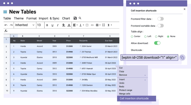 Insert a cell selection in your content You can insert a complete table, a chart in your content but also a custom cell selection! Select a table cell sample by dragging your mouse, and generate a table shortcode to insert the cell selection anywhere. Once the cells are updated in your base table, the cell selection will automatically be updated too.