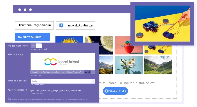 Joomla image protection with watermark Droppics includes a watermark system (copyright) for all your images and it can be done in few click, even on thousand of images. Select a copyright image you want to merge with yours, the size to apply and Droppics will regenerate absolutely all the images with watermark included.