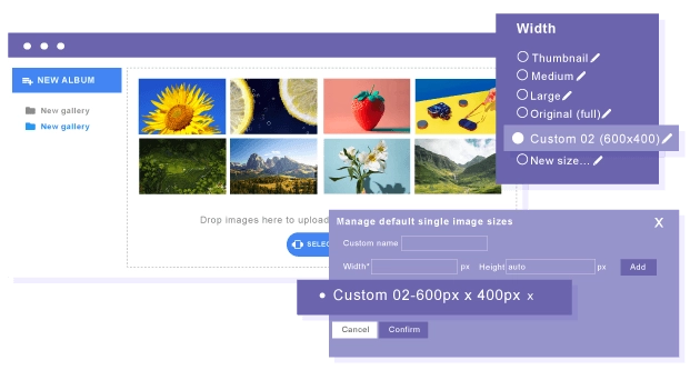 Joomla image smart resizing plugin and custom sizes Droppics handles by default 3 images sizes with an automatic resize on upload: original, large and thumbnail sizes. You can also create your own custom size on upload or after image upload. Original images are preserved, and you can even edit images (crop, resize, apply effects...) after resize.