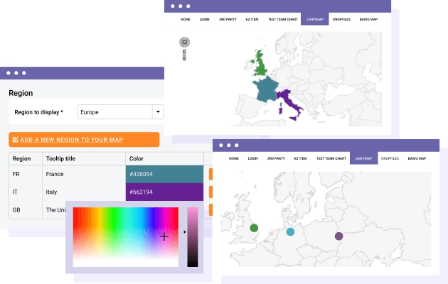Linky Map is Really Easy to Use! Linky Map is really easy to use and to manage, we have included some tools that help with the tedious things of the vector maps: Locations and regions suggestion by Google when typing Map preview in admin during the map creation HTML description with text editor Responsive or custom sized vector maps Load any map in any text editor using a dedicated insert button