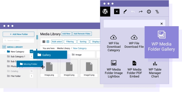 Media Folder for the WordPress Gutenberg Editor WP Media Folder advanced media library includes 9 blocks in WordPress Gutenberg editor. Furthermore, the media folder plugin has 2 dedicated Gutenberg blocks to manage WordPress advanced galleries (WordPress default enhanced galleries and galleries from the plugin Addon). GUTENBERG MEDIA MANAGER DETAILS