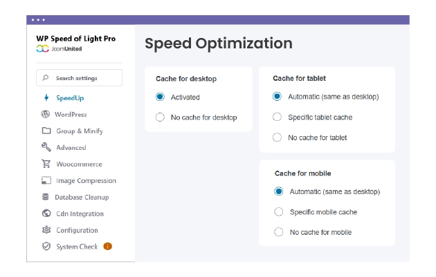 Selective cache for mobile devices WP Speed of Light can handle the cache optimization for mobile automatically, and you can generate a dedicated cache version per device or even disable it. The plugin also works automatically with mobile plugins like WPtouch. Mobile cache features: Automatically serve cache for all devices (desktop, tablet, mobile) Dedicated cache for mobile Dedicated cache for tablet Option to disable cache for a specified device