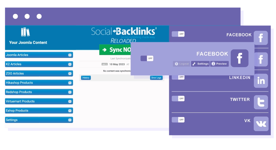 Multiple Social Networks Selection Social Backlinks can push updates on the 4 main Social Networks, plus you have an option to use 2 facebook accounts/pages on the same website. Social Networks selection: Automatic content push on Facebook pages Facebook page automatic detection after login Automatic content push on Twitter Automatic content push on LinkedIn Automatic content push on VKontakte