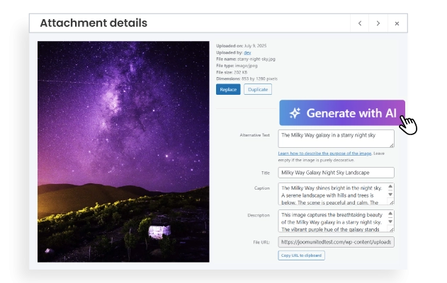 One-Click AI Metadata Generation With a single click, WP Media Folder uses AI to create titles, alt text, and descriptions for your images. No more manual input! Just smarter, SEO-ready content. ✅ Title (image name) ✅ Alt text (for accessibility & SEO) ✅ Description (for improved context) MORE DETAILS ON IMAGE AI