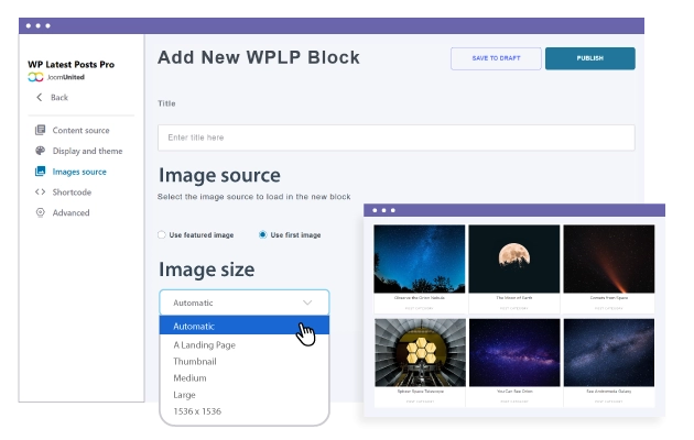 Position images accurately and optimize the loading time When using a news plugin, there are chances that you have catchy images. With WP Latest Post plugin you have the control on news images. You can define the image ratio, force image crop and resizing. Of course everything can be controlled also regarding the news image spacing.