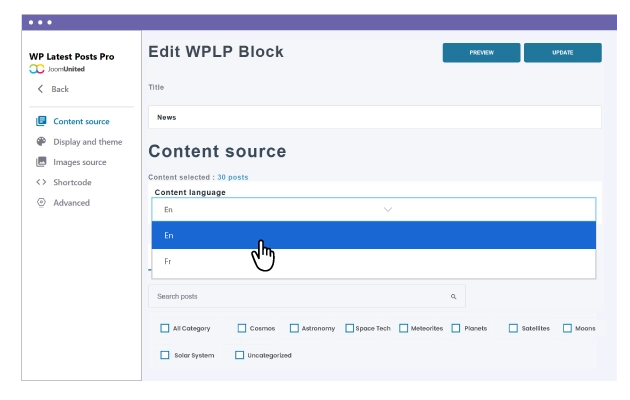 Ready for WordPress Multisite and multilingual websites WP Latest Posts has a dedicated WordPress Multisite and Multilingual integration. Once the multisite network is activated, you'll be able to get any content from any website of your network and then use all the latest posts power to display your content the way you want. About multilingual news, once WPML or Polylang plugin are detected you'll be able to filter your news content by language.