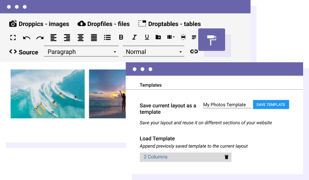 Save the Layouts Using the Template Manager With the template manager you'll be able to save the layout you've built in an article in order to use it somewhere else. This tool is saving all the HTML content and structure from any article, so you can copy it where you want and just replace the content you want.