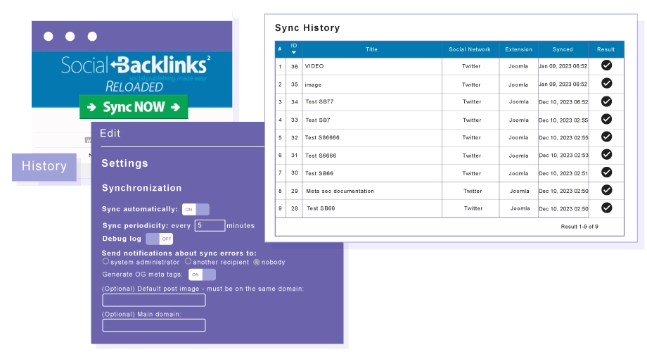 Synchronization Periodicity and History From the Social backlinks settings you can select the delay between each synchchronization from your content to the Social Networks and store an history of what have been pushed.