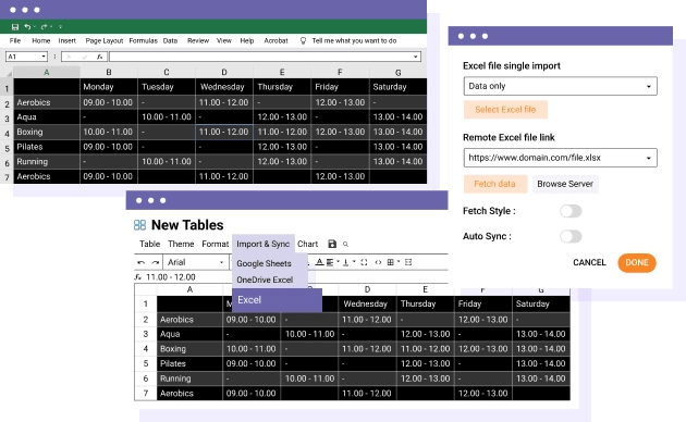 Synchronization with Excel, CSV & online Office 365 Excel documents An Excel and CSV import & export tool is available for each table. Save a lot of time, import your spreadsheet table, create your layout, and publish it. What can I import/Export? You can import all data + some Excel styles or only the table data. The styles compatible with Import/Export are cell background color, font color, font size, borders, Links (HTML format). You can also automatically synchronize Excel files , .CSV files or an Office 365 table with a WordPress table. MORE ABOUT EXCEL SYNCHRONIZATION MORE ABOUT OFFICE 365 SYNCHRONIZATION