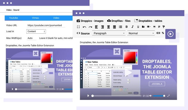 Video and Sound Player Made Easy Videos along with images is one of the most popular content used in the editor, DropEditor includes a video and sound manager. You can include in one click external videos or internal (from your server) video and sound files. Youtube videos: embed video in one click or load it as popup Youtube videos: define custom size and thumbnail Vimeo videos: embed video in one click or load it as popup Vimeo videos: define custom size and thumbnail Local videos: load local video using a HTML5 player Local sounds: load local sounds using a HTML5 player