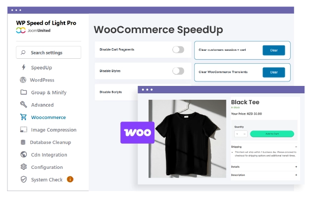WooCommerce Speed optimization plugin WP Speed of Light plugin has a dedicated optimization module for WooCommerce websites. They are several scripts and styles that are loaded on all WooCommerce pages that are not always required and that you exclude. Furthermore, the plugin is disabling automatically some extreme optimization for the WooCommerce features to always work, like AJAX cart refresh.