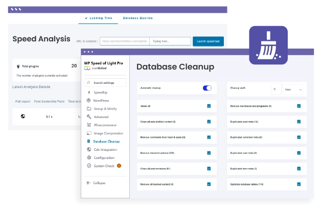 WordPress database speed test and cleanup The plugins and theme database queries can represent something important about WordPress' speed. The database speed test may help you to determine problems with a theme or a plugin and fix some major performance issues. The database cleanup can be made automatically at a defined frequency in the PRO ADDON.
