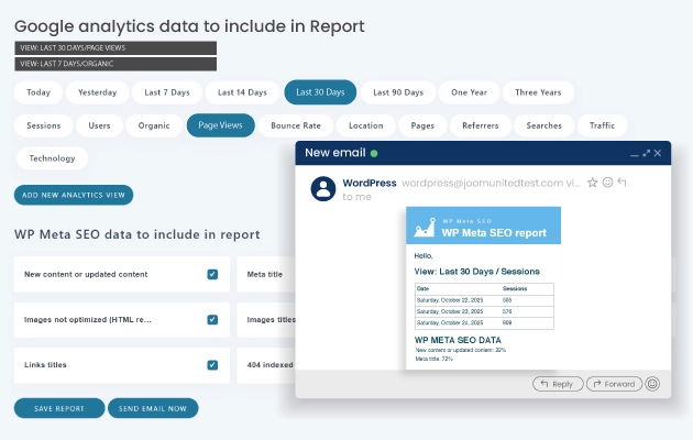 Get a WordPress SEO status email report in your inbox SEO optimization is therefore hard to imagine without Google Analytics analysis. We've included in the plugin an easy way to enable Google Analytics tracking in 2 clicks. Then, from the WordPress admin you'll get access to all the stats that matter with graph view, clean data tables and up to 100 different statistics screen view. SEO EMAIL REPORT DETAILS