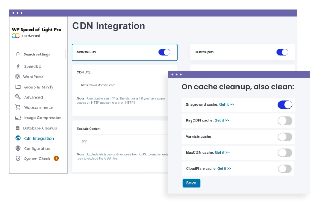 Speed optimization with WordPress CDN Integration A CDN (Content Delivery Network) integration is available. It is compatible with all the major CDN on the market including Cloudflare, Amazon Cloudfront, MaxCDN, KeyCDN and others. Plus, there's a specific automatic cache cleanup for: Cloudflare CDN MaxCDN KeyCDN Varnish Cache Siteground SuperCacher