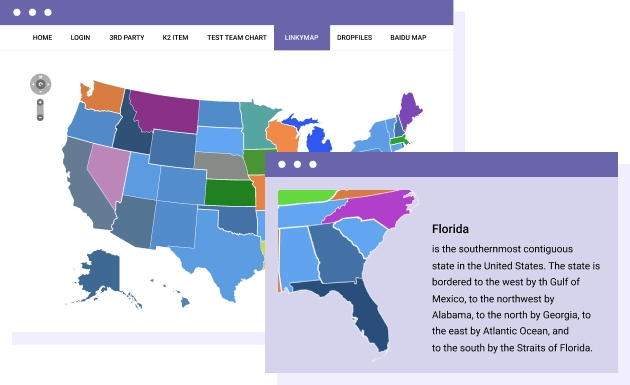 Zoom in and Zoom out on Vector Map A full Map zoom control is available to display the map as you want it to appear on page first load. For example, you can zoom on a city like Miami in a selected State of Florida. Furthermore, on frontend, users can still control the zoom level.