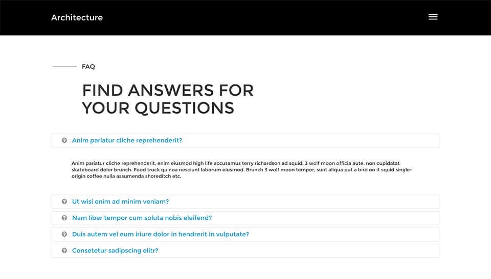 This example shows how to make a FAQ page accordion panes using the Hot Blocks plugin.\n\nIt’s already mentioned that all content of the theme can be edited using the Gutenberg editor. You can see how all core blocks look and work with this theme. In addition, the Hot Blocks brings some new blocks, like Parallax block, Header block, Accordion block, and many others.