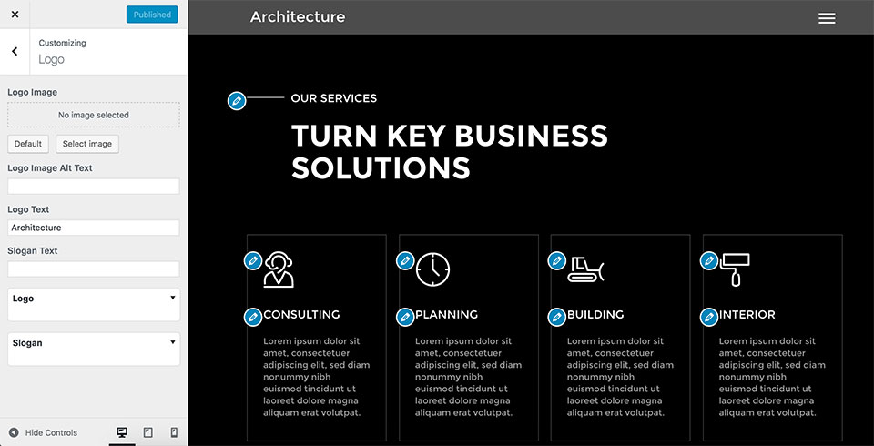 Tons of options are available through the WordPress Customizer. Change the logo, background image, typography, menu, and other aspects of your site, and watch the results of your actions live!