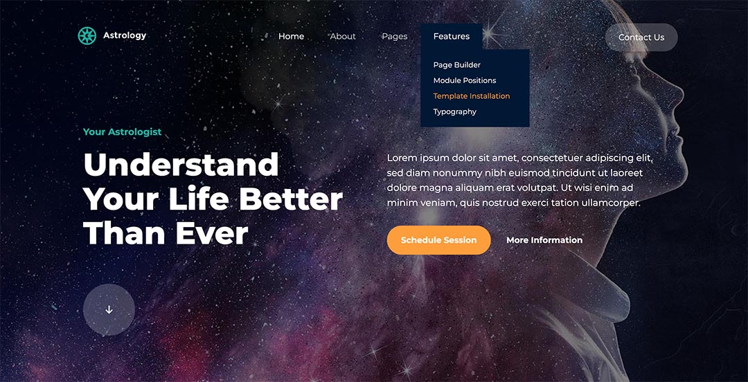 Astrology Joomla template includes a responsive drop-down menu with submenu links. All the settings of the drop-down menu and its submenus are in the template parameters.\n\nBesides the default menu type, the framework lets you use other menu types, such as an off-canvas menu, mega menu, horizontal menu, and static menu.