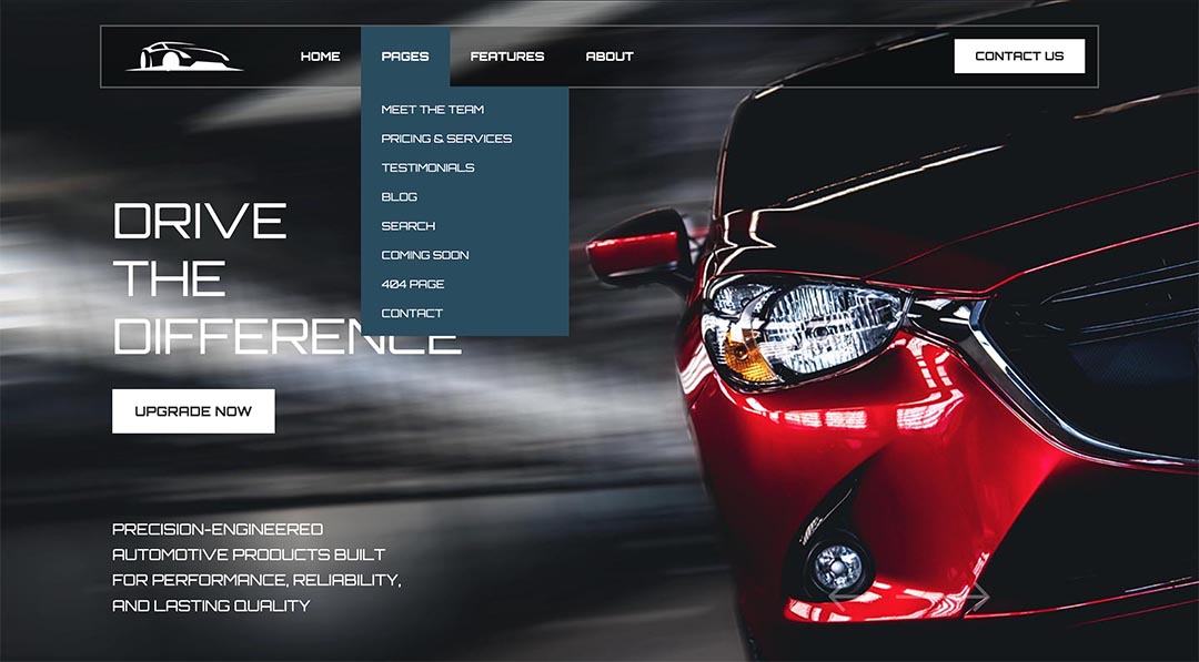 The Auto template includes a responsive drop-down menu with submenu links. It adds an intuitive navigation to your website and lets your visitors browse through the website easily.\n\nAlong with the drop-down menu, the framework supports various other menu types, such as off-canvas, mega menu, horizontal, and static menus. You can choose to use a single menu for your site or combine multiple menu types in different sections of your website.