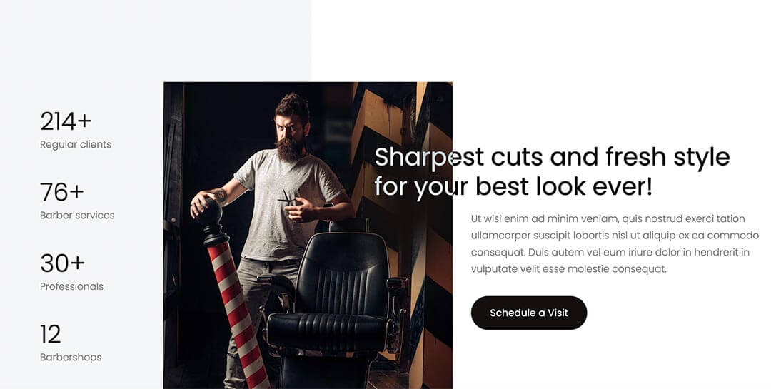 The Hot Counters module is showcasing important statistics on your website related to your business.\n\nIn the demo, it's used to highlight the number of services and clients, as well as the number of barber professionals. This module makes it simple to add a similar section to your site—just enter the numbers and describe them with suffixes and description text and/or images directly in the module settings.
