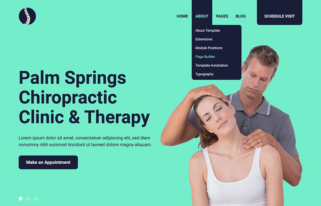 Chiropractic template has a drop-down top menu with submenu items available on mouse over (or tap on mobiles). This menu system is responsive and optimized for use on mobile devices.\n\nThat's not all because more menu types are available in the Joomla template settings, for example, mega menu or off-canvas menu, and all of them are fully customizable. You can change the fonts, colors, dimensions, etc.