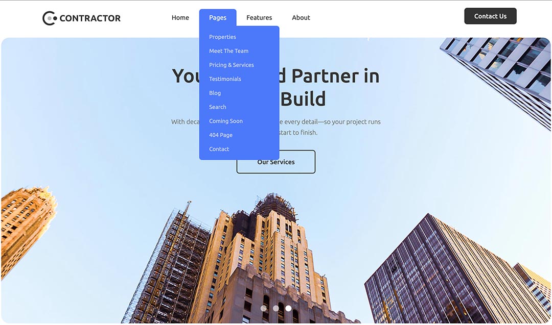 The Contractor Joomla template includes a responsive drop-down menu with submenu links. It adds an intuitive navigation to your website and lets your visitors browse through the website easily.\n\nAlong with the drop-down menu, the framework supports various other menu types, such as off-canvas, mega menu, horizontal, and static menus. You can choose to use a single menu for your site or combine multiple menu types in different sections of your website.
