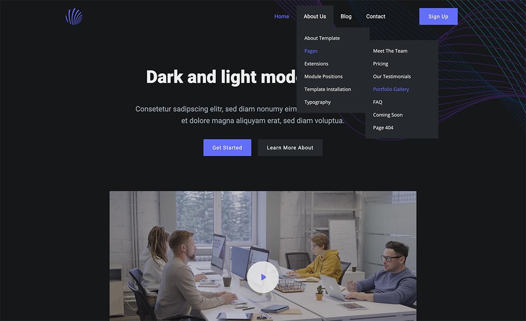 This responsive template has a top menu with submenu items on multiple levels. The sub-menu panes open on mouse-over on desktop. The menu is fully responsive and it's converted to a responsive menu that's easy to handle on tablets and smartphones. All menu options (colors, fonts, sizes...) are parametrized.