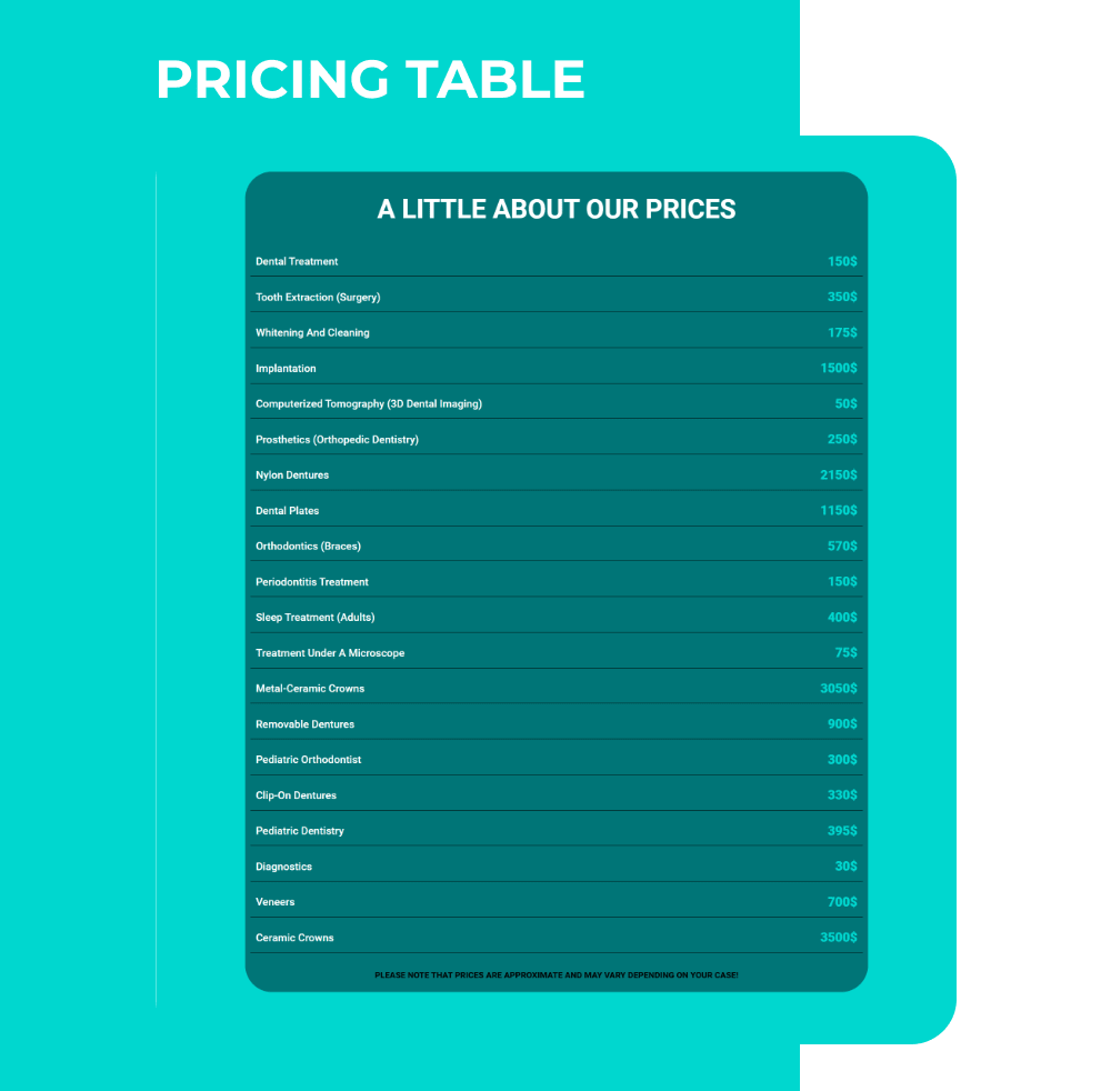 dentist joomla template pricing table