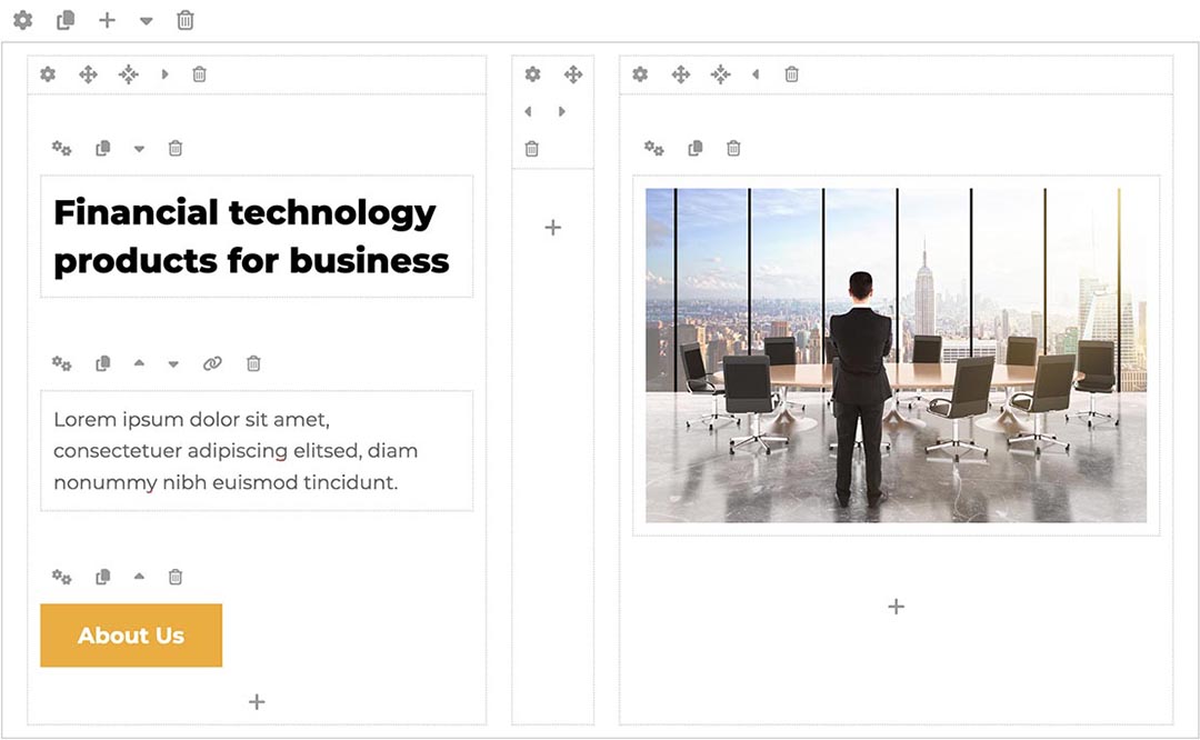 The Fintech template includes the Sparky Page Builder - a native Joomla editor on steroids. Use this editor to change text and media without hassle, add, copy, move, and delete elements easily without any HTML or CSS coding.\n\nIt lets you edit all the content visually. You can add sections with columns that are later filled up with content blocks of various types (text, media, icons, modules, etc.). It also lets you move all the elements around visually, using the drag-and-drop method.