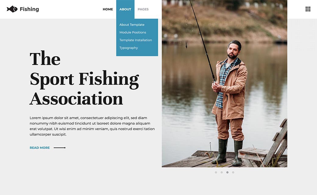 Two menu systems are used in the same time.\n\nThis template has a drop-down top menu with submenu items on deeper levels. The sub-menu panes open on mouse-over on desktop. Fishing template also has a off-canvas menu that's hidden in the right side of the page. This menu can contain custom text beside the menu items. All menu options (colors, fonts, sizes...) are parameterized in the template framework options.