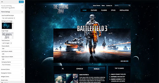 Gaming Zone WordPress theme supports WordPress Live Customizer.\n\nYou can set all options of this theme from the Live Customizer pane and see the results of your settings live. There’s no better and no faster way to tweak your site. You can enjoy this unique feature of WordPress altogether with our theme. Change of logo or background image or set different font color is now just one click away.