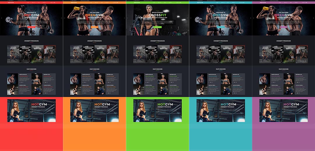 The Hot Gym template is available in dark color scheme with 5 different accented colors. It's easy to create your own color schemes or change pre-defined colors through the template framework.
