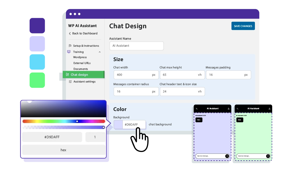 Make a Design for Your ChatBot that Fits Your Website Seamlessly integrate the chatbot into your website design for a cohesive and professional look. Full Customization : Adjust the colors, fonts, and sizes of your chatbot to match your website’s branding and style. Floating Position : Position the chatbot where you want it on the screen—make it easily accessible but non-intrusive. Responsive Design : Ensure the chatbot looks and works great on both desktop and mobile devices.