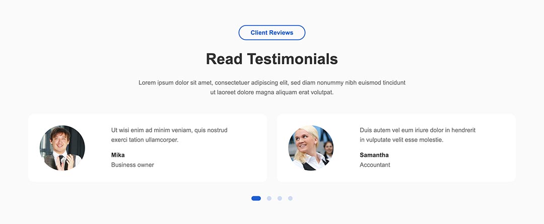In the template, the carousel is used for the testimonials section. It rotates user testimonials slides. Each slide contains an image and text.\n\nIt's a responsive Joomla module that displays slide transitions with a scroll or fade effect. The Hot Swipe Carousel module is optimized for mobile phones. It supports screen gestures, so it's possible to navigate through the slides by finger on touch screens.