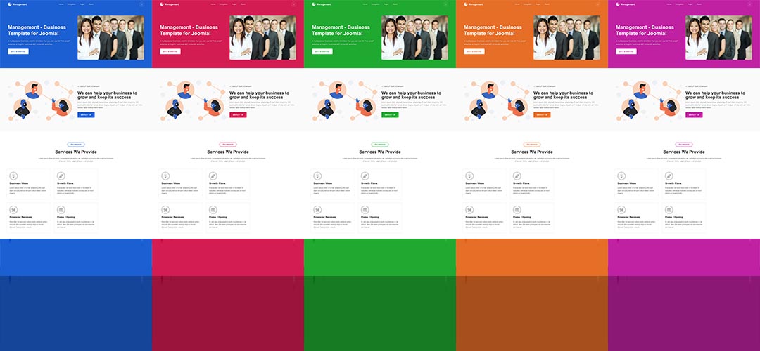 There are 5 pre-defined color schemes available in the Management business Joomla template.\n\nThrough the template settings, you can create new color schemes easily. Also, you can fine-tune the existing color schemes to make them match your company's branding perfectly.