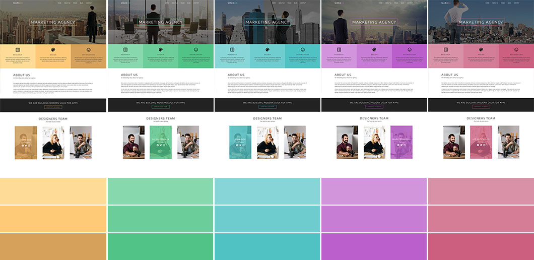 The Hot Marketing Agency template is available in 5 color schemes with different hero images in each of them. It's not difficult to create your own color schemes using our framework. All the colors are easily editable with handy color pickers.