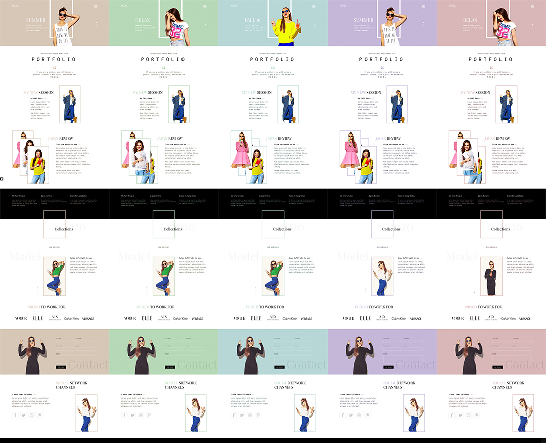 Model portfolio template is available in 5 color variants for all tastes. In addition, you can create your own color combinations using the included template framework.\n\nThe default pastel colors of this template puts the model images in focus. Beside the static images, there are also stacked set of the images and image sliders powered by the Hot Swipe Carousel (included with template).