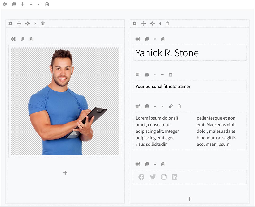 Multipurpose Joomla Template includes our page builder component for Joomla: Sparky Page Builder . Without any additional costs, you can build your pages with this drag and drop page builder.\n\nBuilding Joomla pages with Sparky Page Builder is extremely easy. Don't miss the chance to try it! It works from both backend and front-end. Page Builder will save so much of your valuable time!