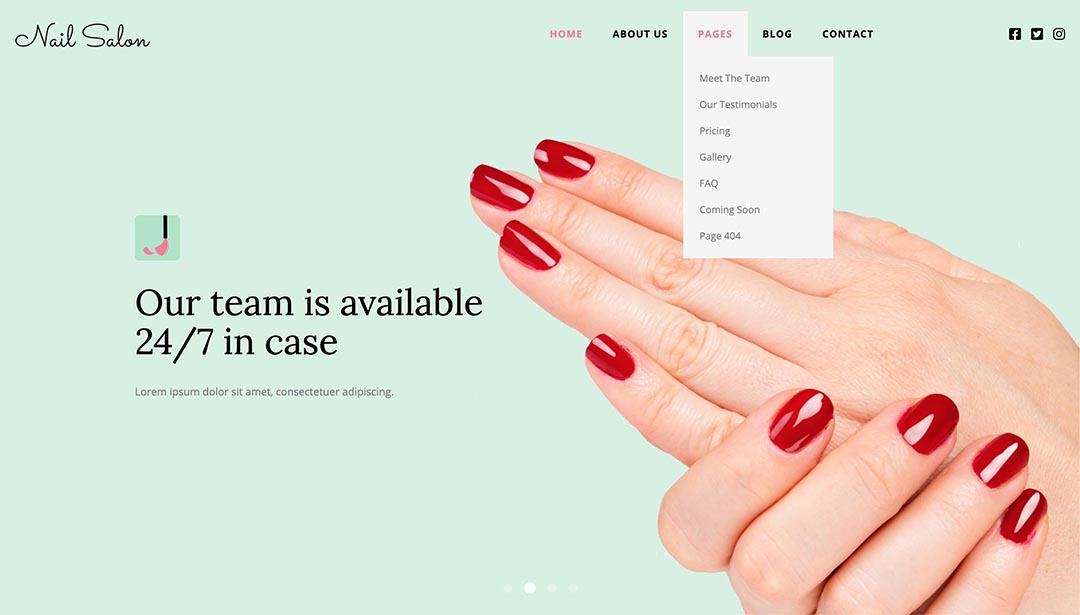 The Hot Nail Salon template has a top menu with submenu items on multiple levels. The sub-menu panes open on mouse-over action. The menu is fully responsive and it's converted to a responsive menu that's easy to handle on tablets and smartphones. You can change colors, fonts, sizes and other menu parameters in the template settings.