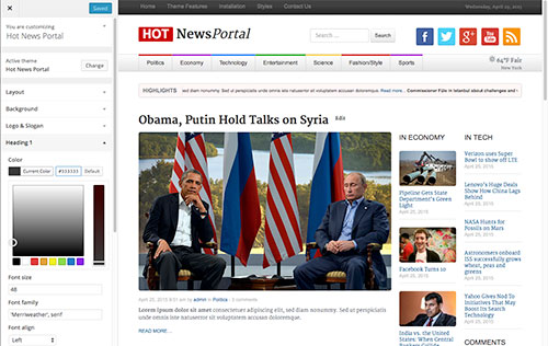 News Portal WordPress theme supports WordPress Live Customizer.\n\nYou can set all options of this theme from the Live Customizer pane and see the results of your settings live. There’s no better and no faster way to tweak your site. You can enjoy this unique feature of WordPress altogether with our theme. Change of logo or background image or set different font color is now just one click away.